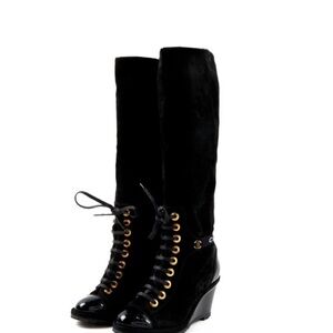 CHANEL Black Lace-Up Knee-High Boots